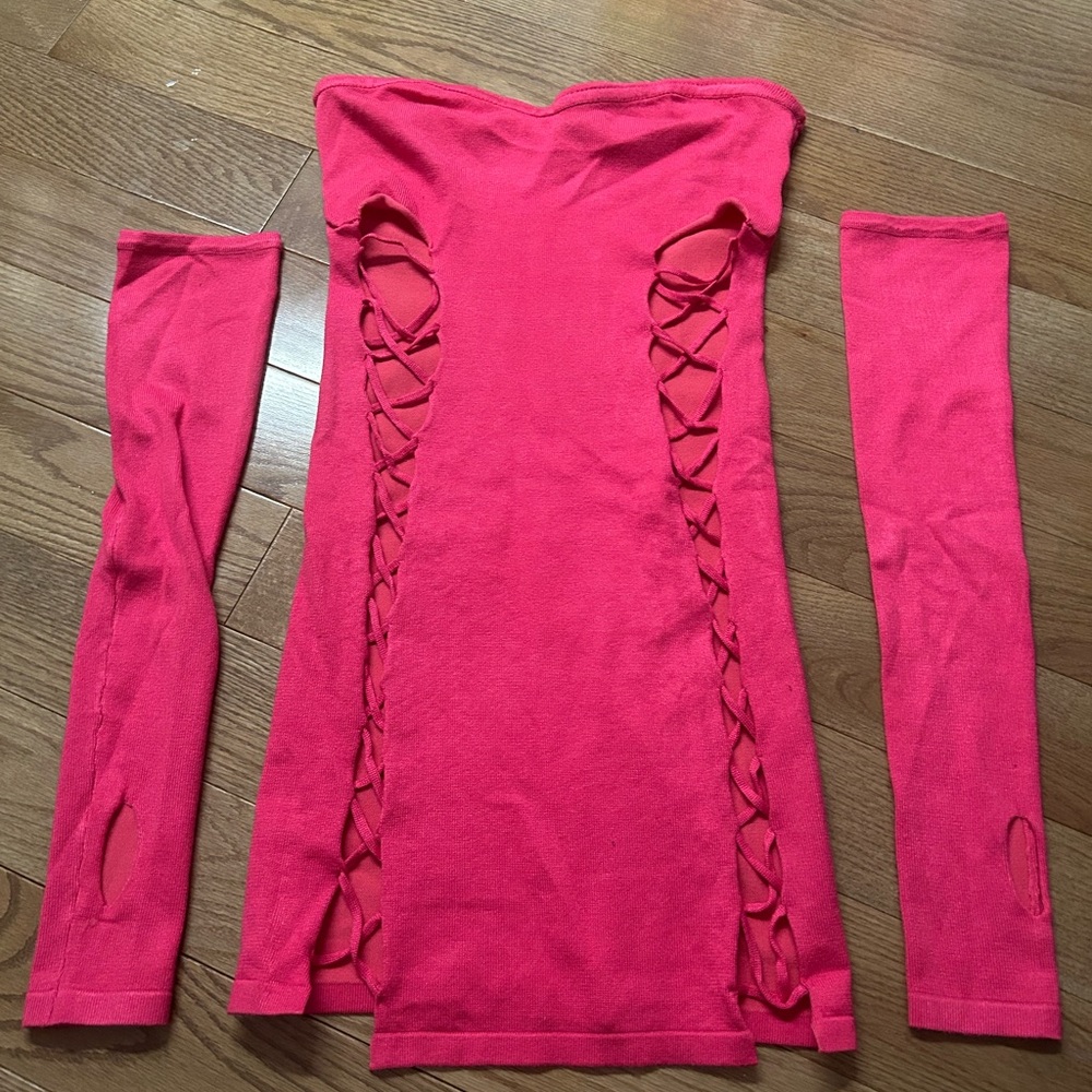 PRETTYLITTLETHING Pink Strapless Dress with Arm Sleeves